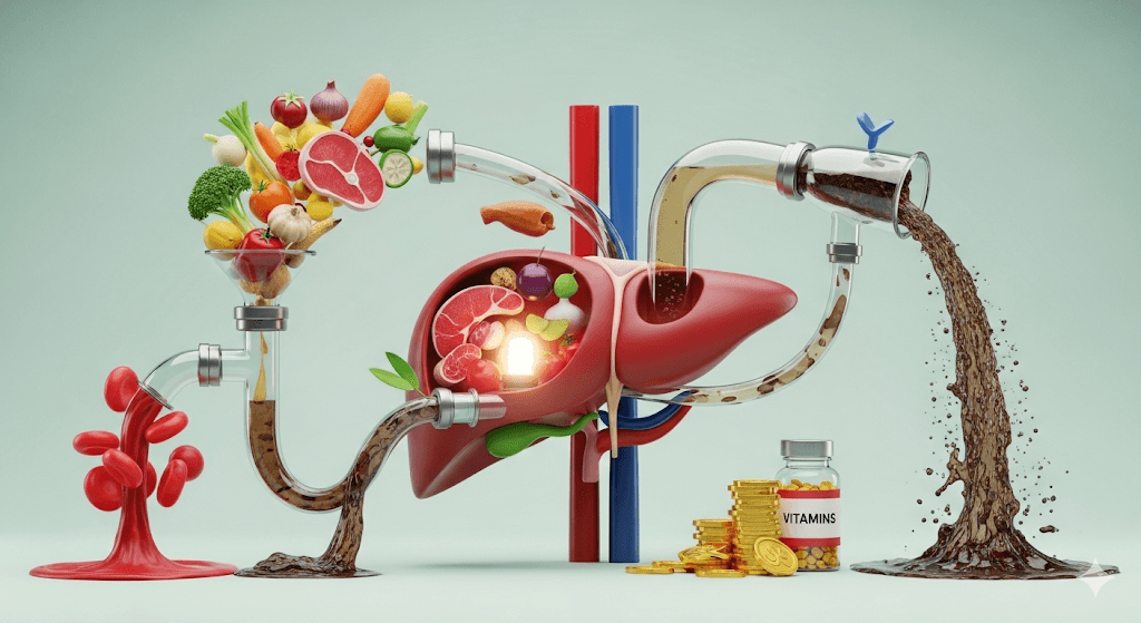 Conceptual 3D rendering of the liver's functions, showing food intake, nutrient processing, and waste elimination.