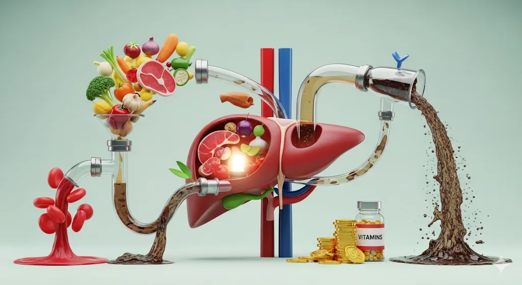 Conceptual 3D rendering of the liver's functions, showing food intake, nutrient processing, and waste elimination.