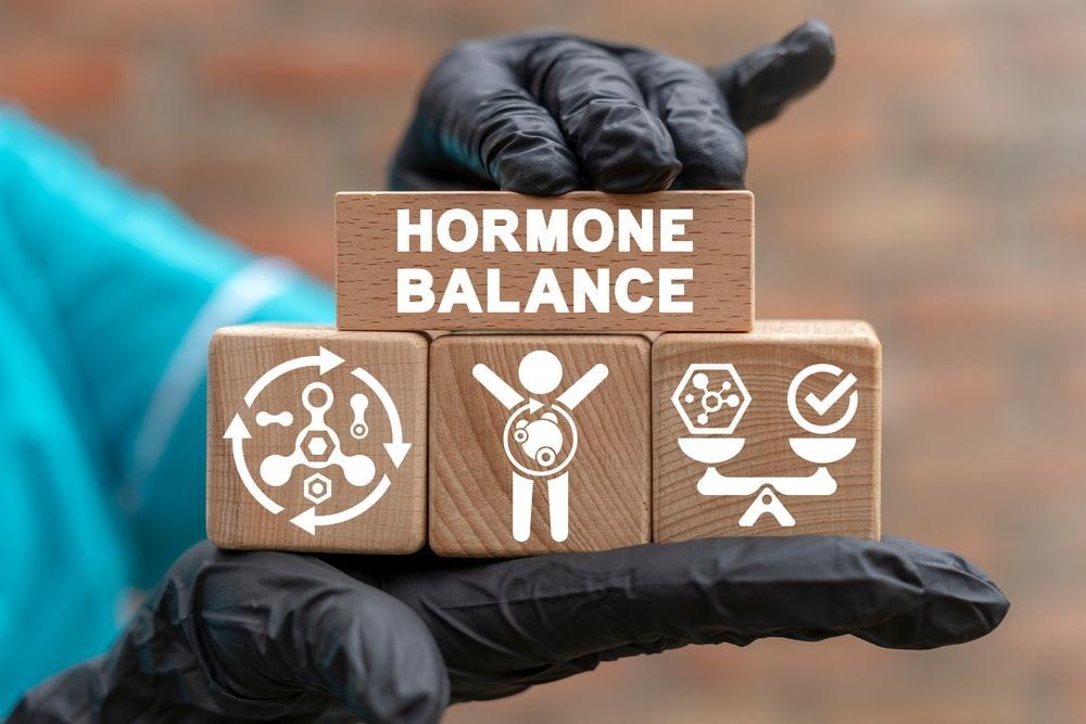 A Person Holding Wooden Blocks of Hormone Balance Text and Symbols