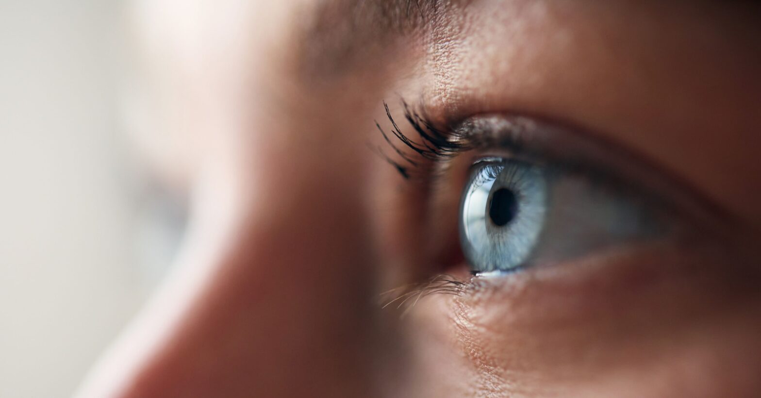 Macro Studio Expression Shot Of Woman's Eye With Close Up On Eyelashes And Pupil