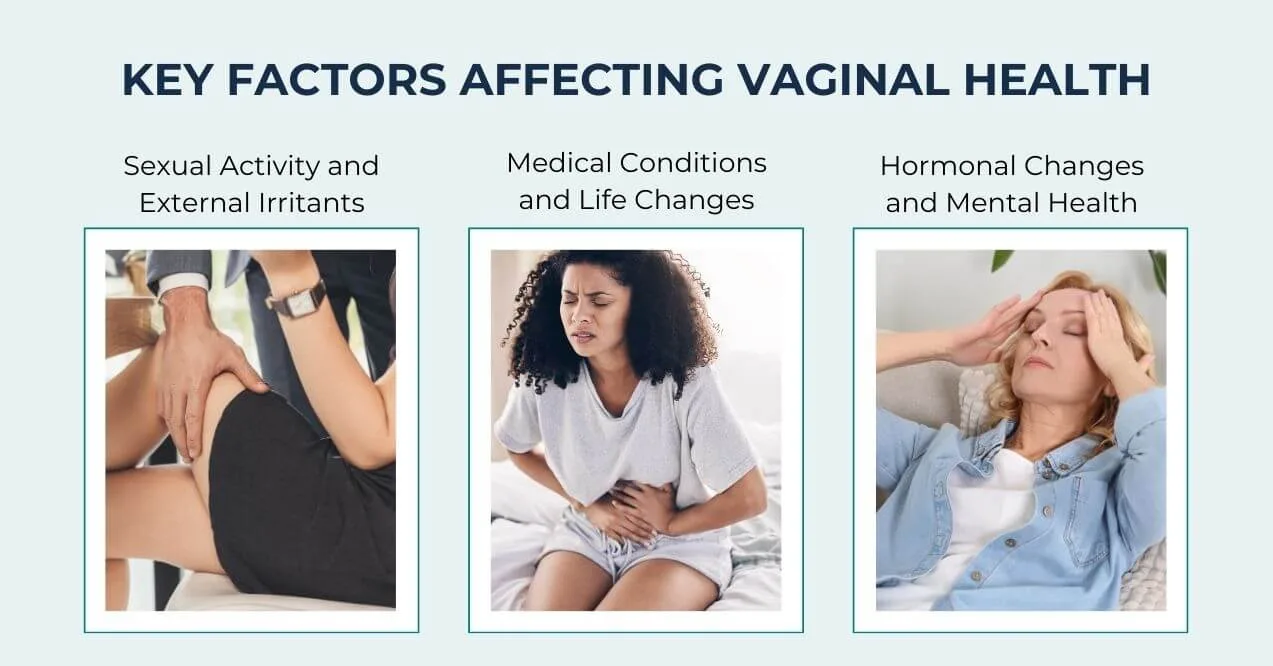 Key factors affecting vaginal health include sexual activity, medical conditions, and hormonal changes.