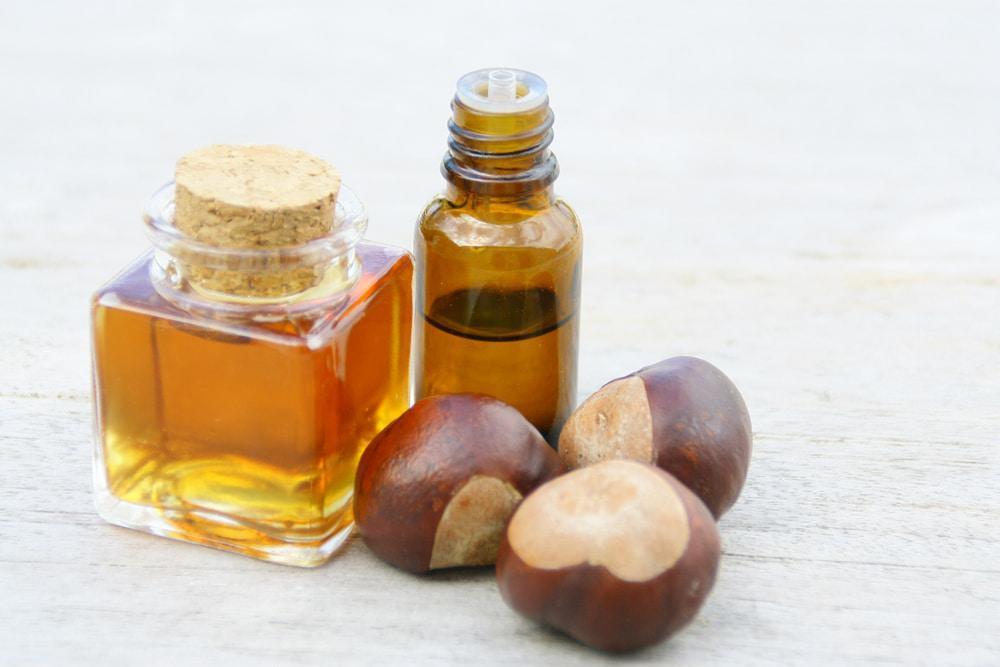 A Bottle of Chestnut Oil Next to Some Chestnut