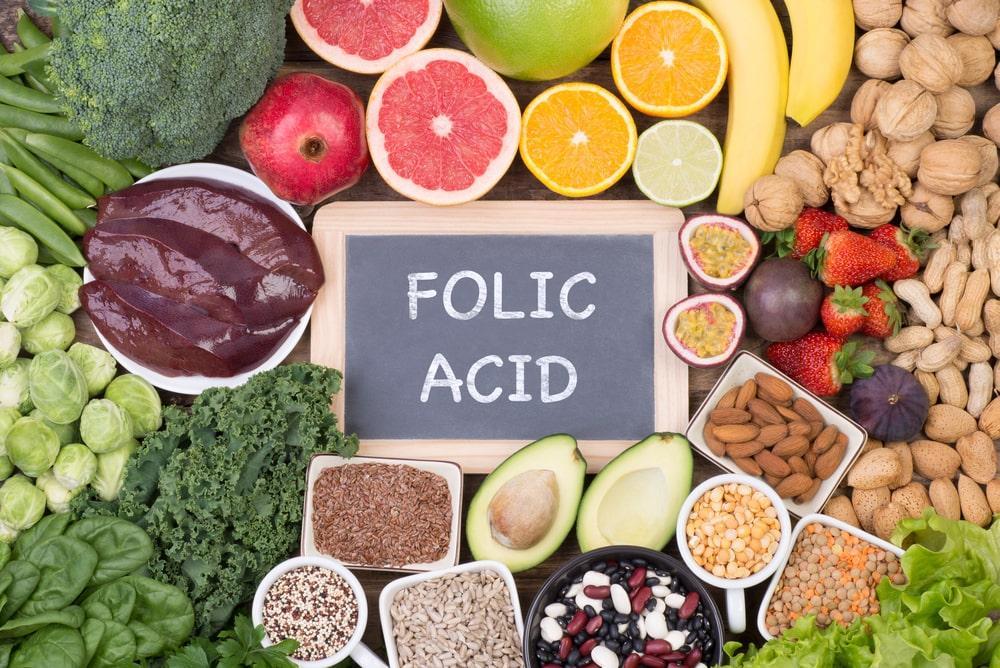 Folic Aid Written on a Chalkboard That Is Surrounded by Food