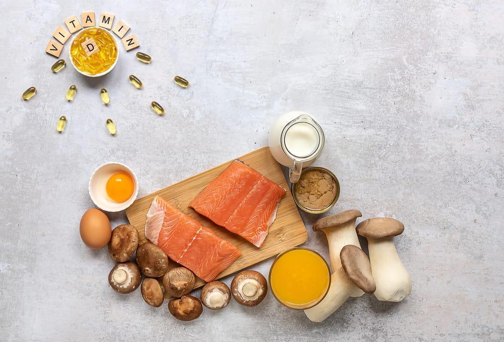 Foods with Vitamin D: mushrooms, salmon, eggs