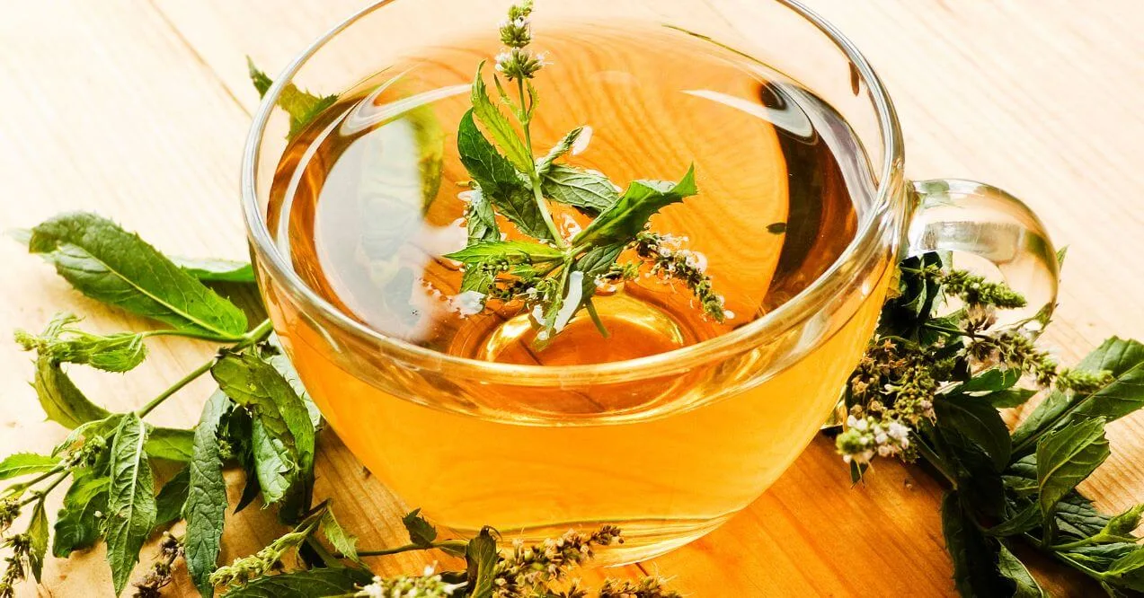 A glass cup of peppermint tea with fresh mint leaves on a wooden table.