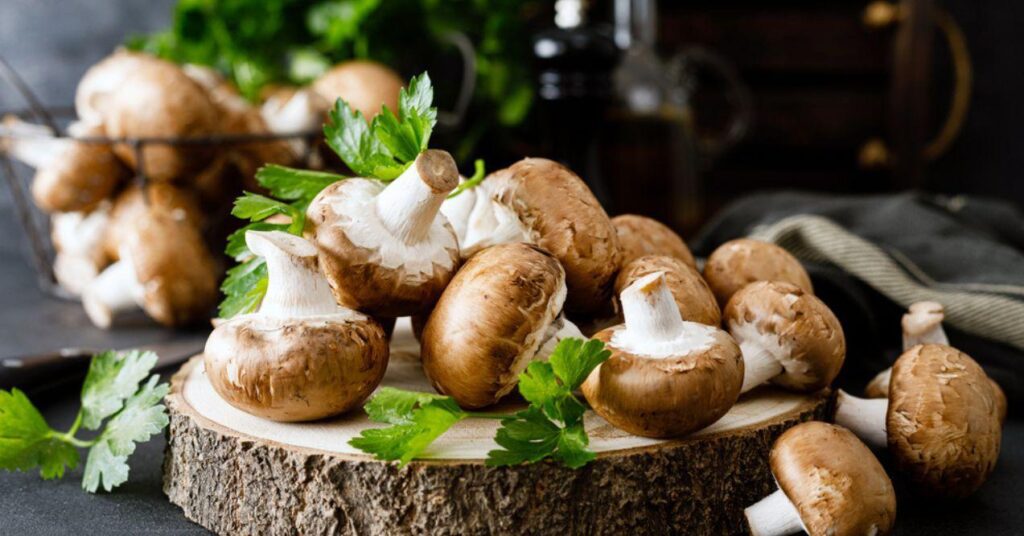 Raw Champignon Mushrooms on Black Background