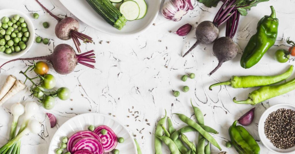 Fresh Raw Vegetables - Beets, Green Peas and Beans, Zucchini, Peppers, Onions, Garlic, Spices