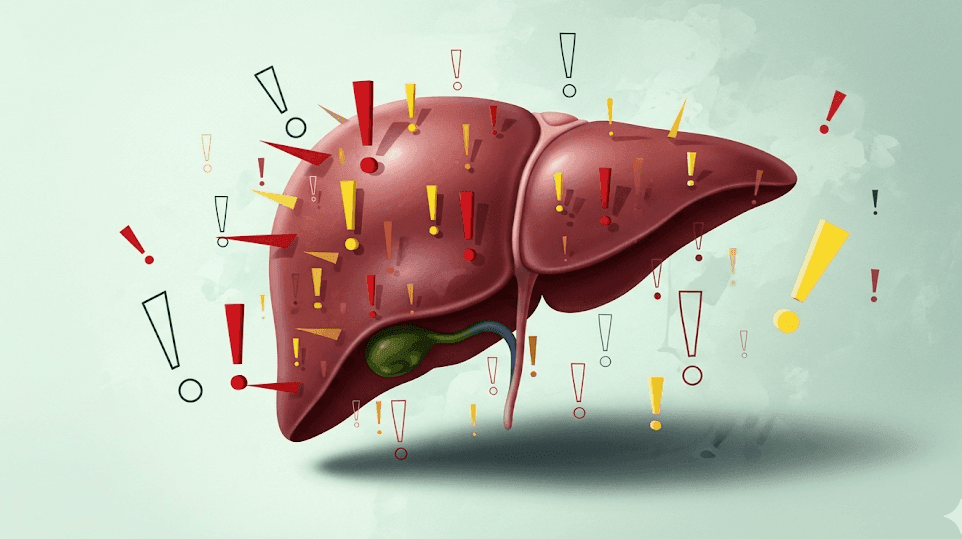 Stylized liver with many exclamation points on a light bluish-green background.