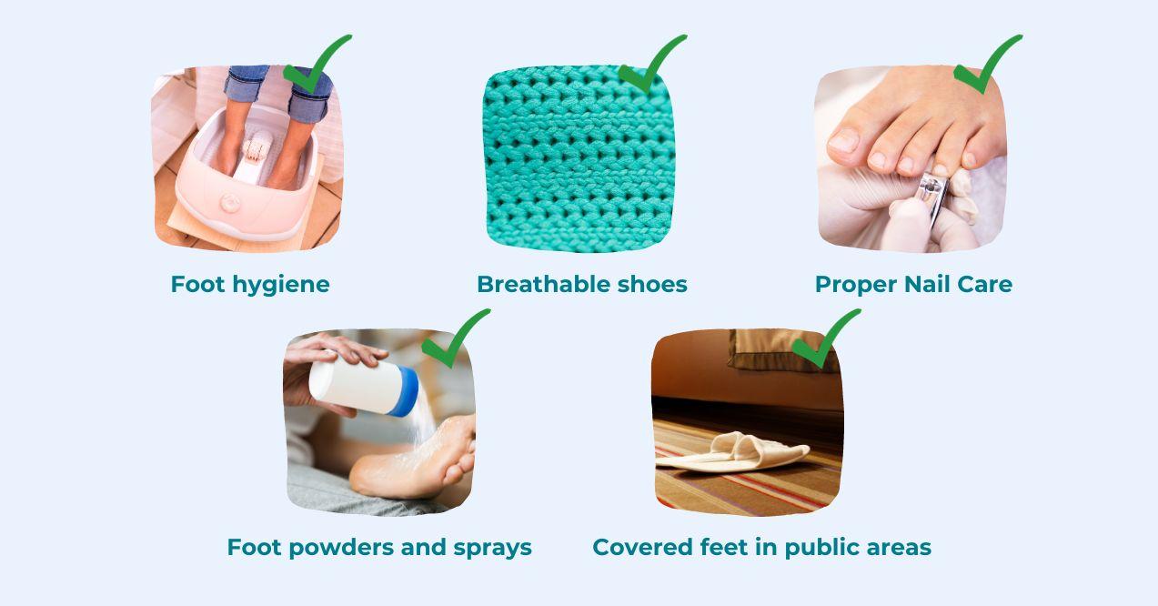 A visual showing five tips of promoting toenail fungus healing: hygiene, breathable materials, nail care, foot powders and sprays and covered feet in damp areas