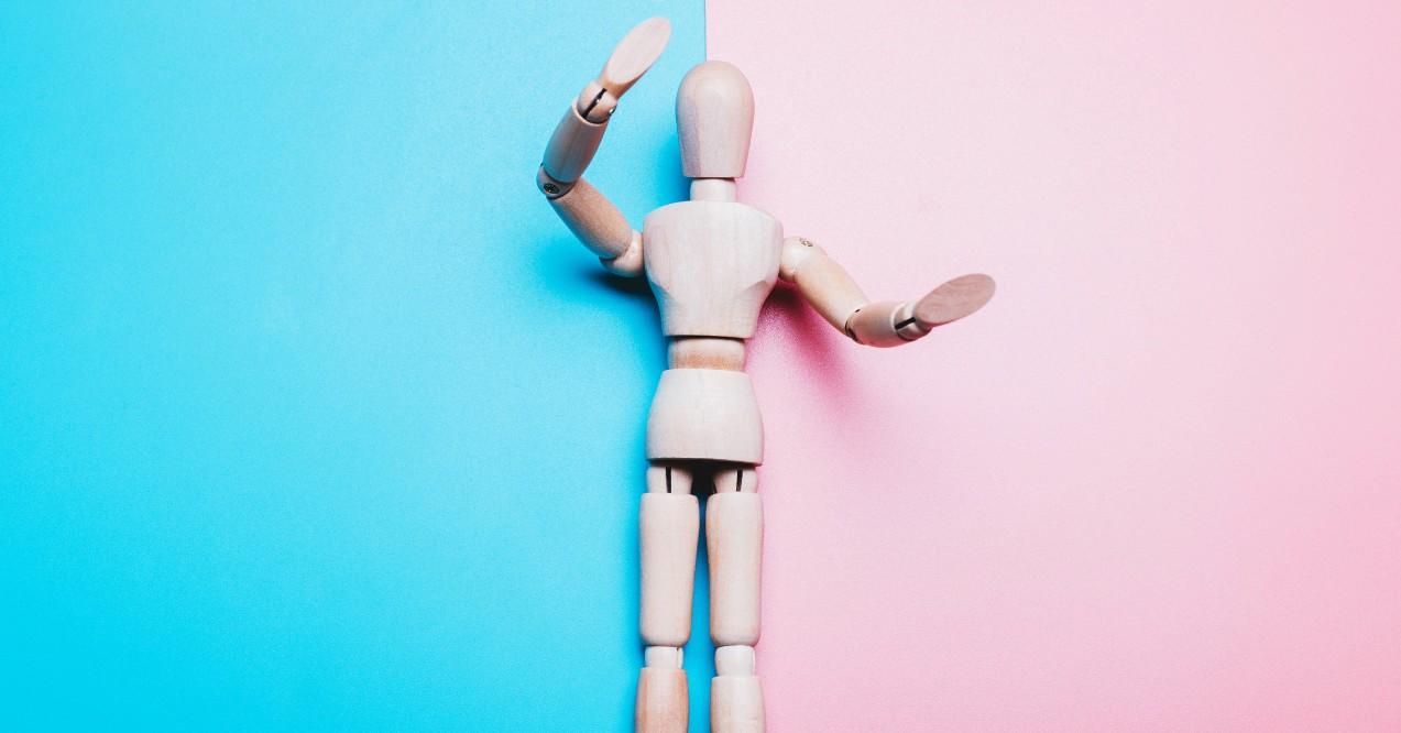 Concept of Gender - Mock up of a Wooden Person in Blue and Pink Background