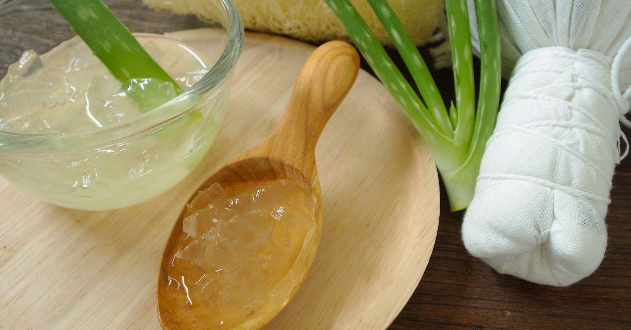 Aloe Vera gel on wooden spoon, treatment for toe nail fungus.