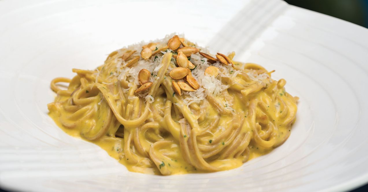 Perfect Pasta Linguine with Baked Butternut Squash, pumpkin seeds Parmesan Sauce