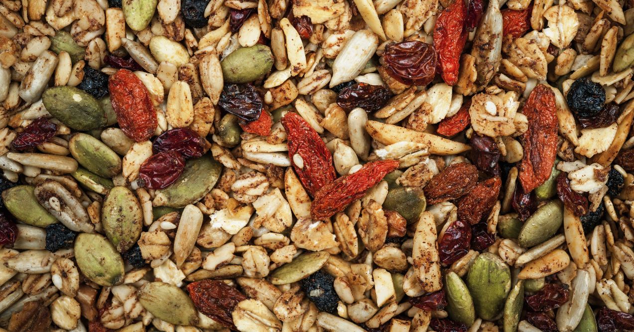 Closeup of homemade granola with various seed and berries for parasite detox