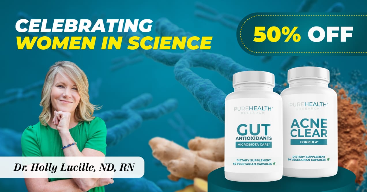 A CTA banner with Dr. Holly Lucille image on the left and 50% discount plus two supplement bottles on the right