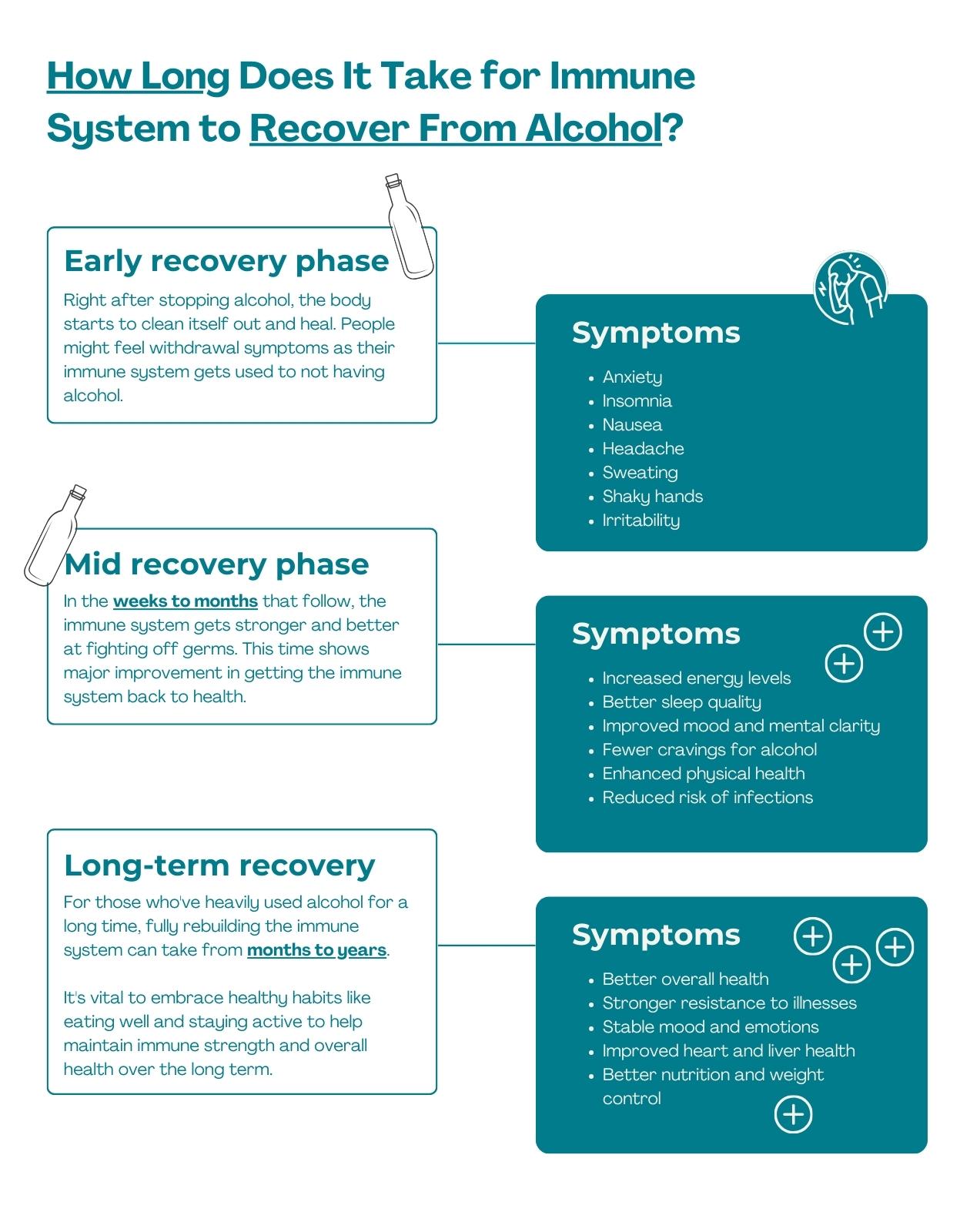 Illustration of three recovery stages from alcohol that direct immune health