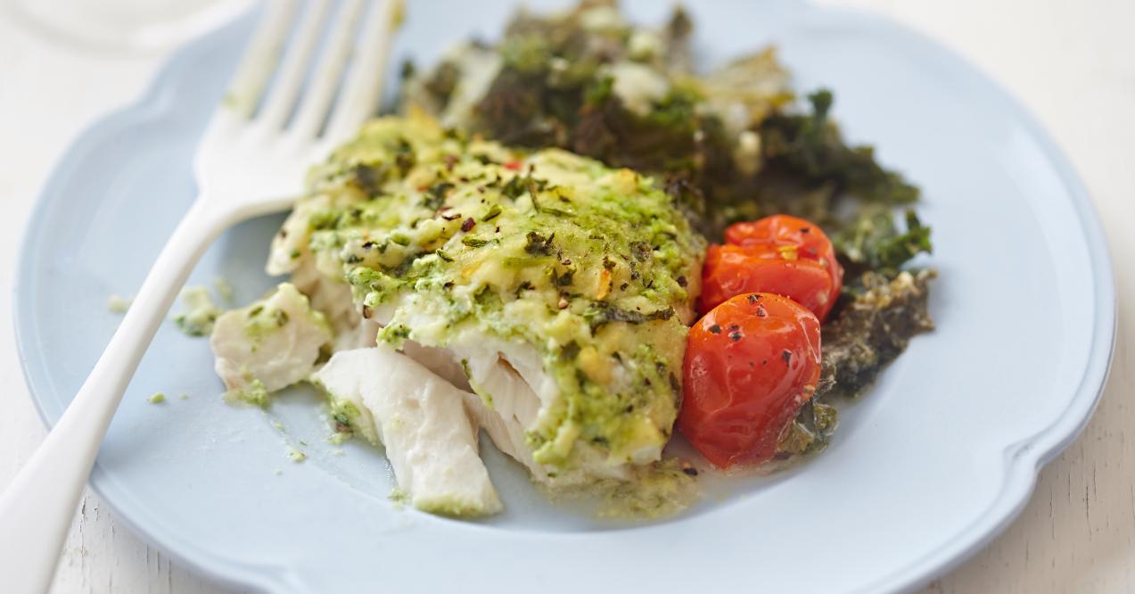 Baked cod with garlic and kale