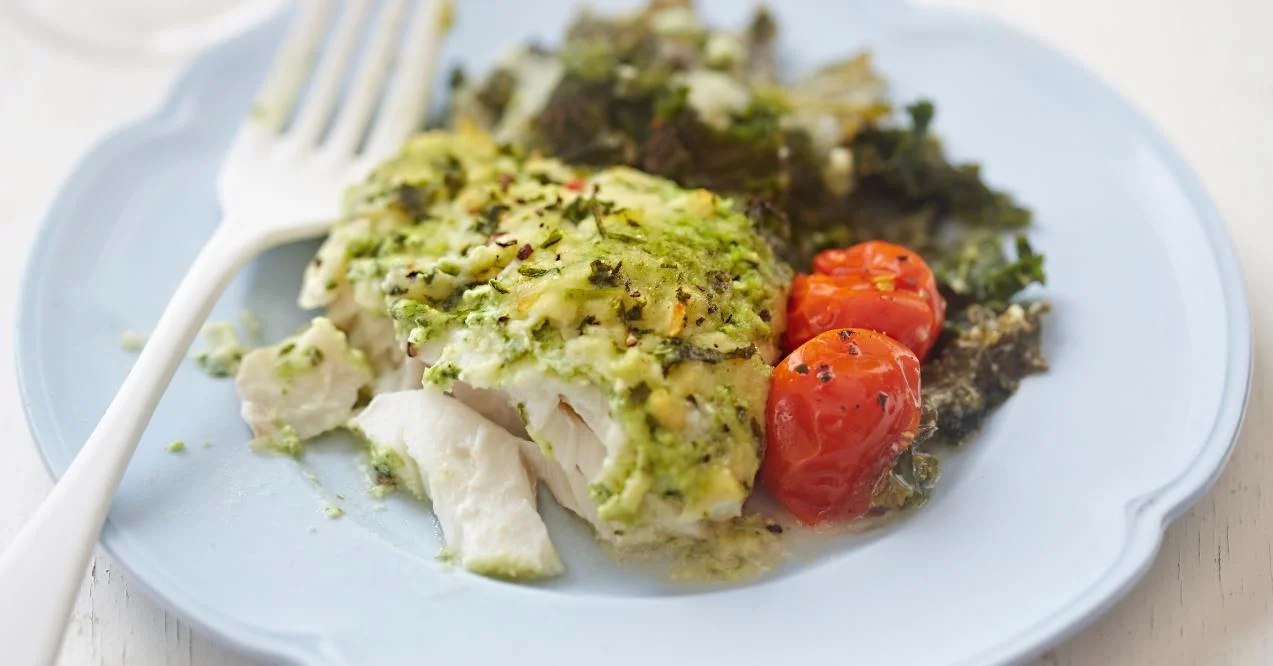 Baked cod with garlic and kale
