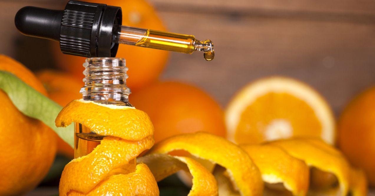 Bottle of essential oil from oranges
