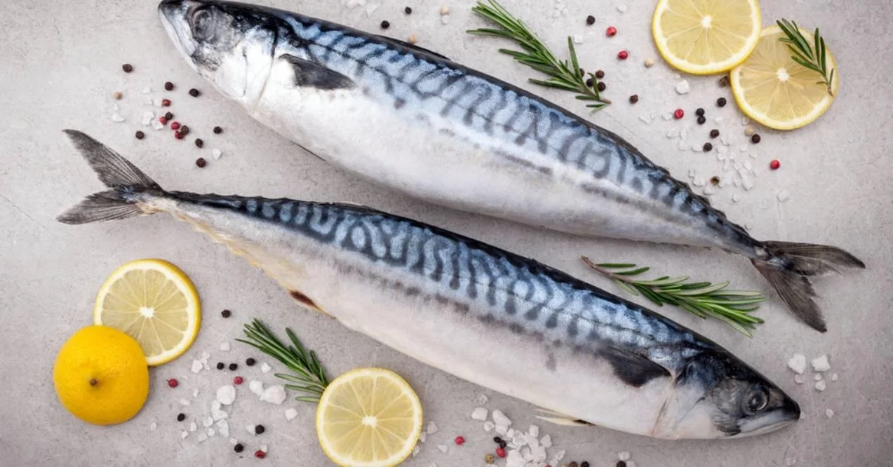 Two fresh mackerels with salt, lemon and spices