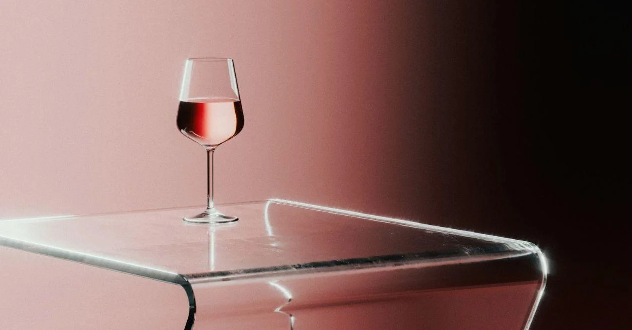 A rose glass of wine on plastic table in a pink background