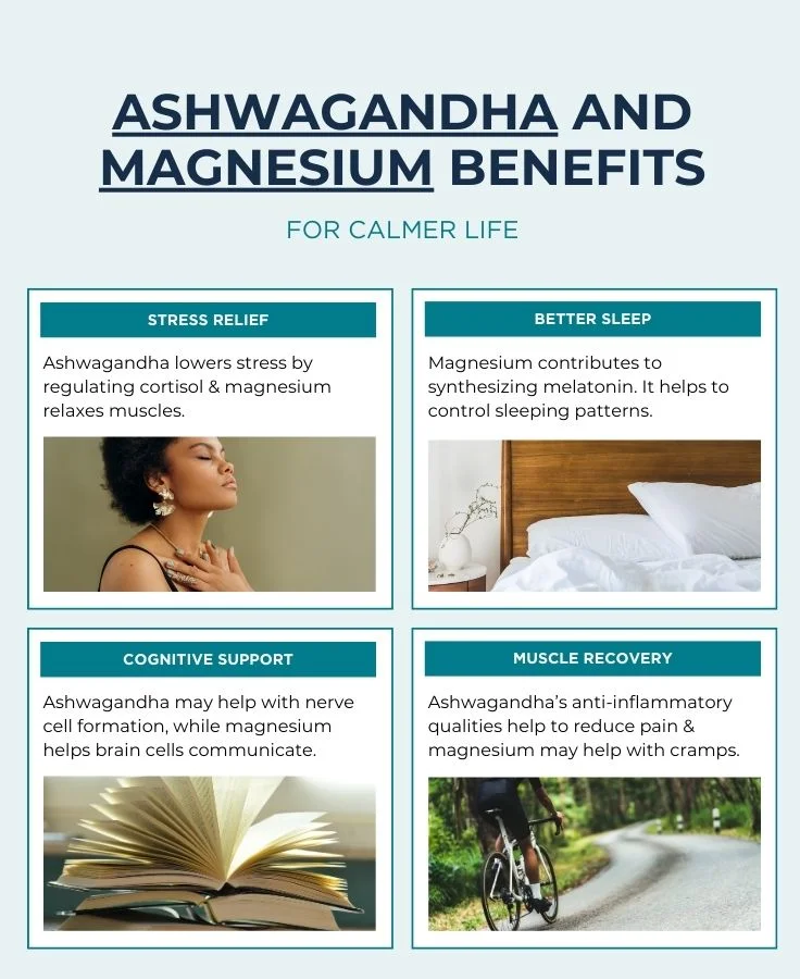Illustration depicting the main ashwagandha and magnesium benefits including stress relief, better sleep, cognitive support, muscle recovery