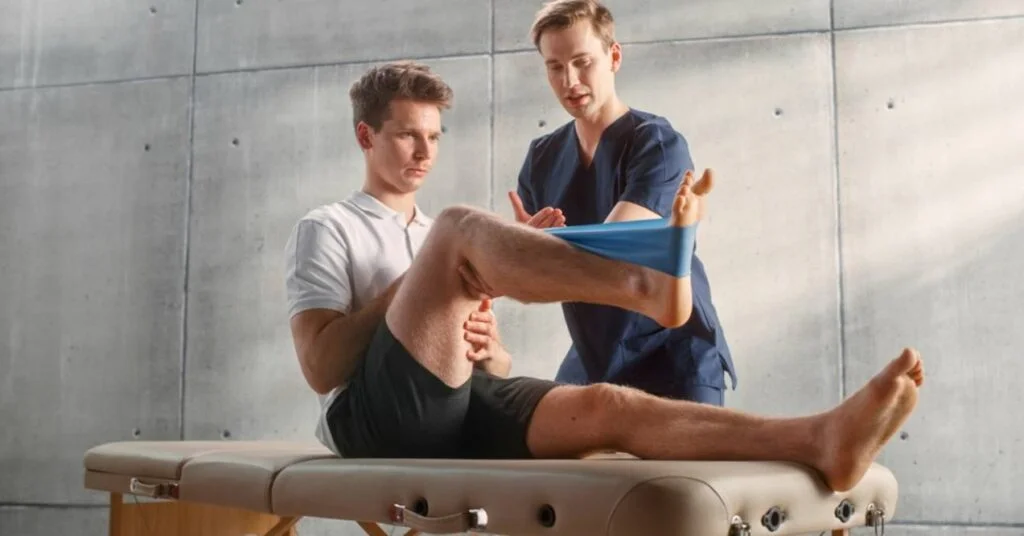 Sport physiotherapy specialist showing how to stretch