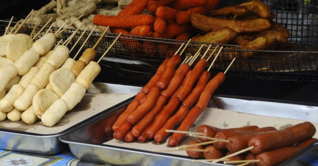 A variety of processed street food on display