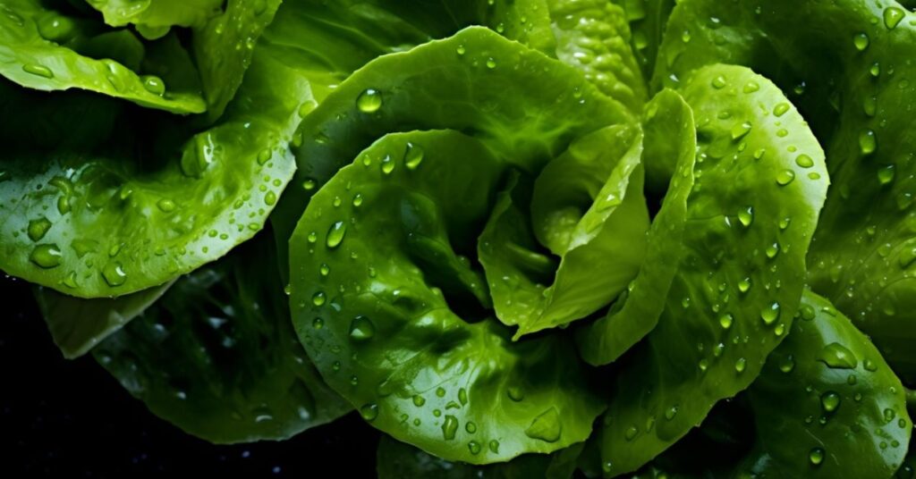 Overhead Shot of Lettuce with visible Water Drops