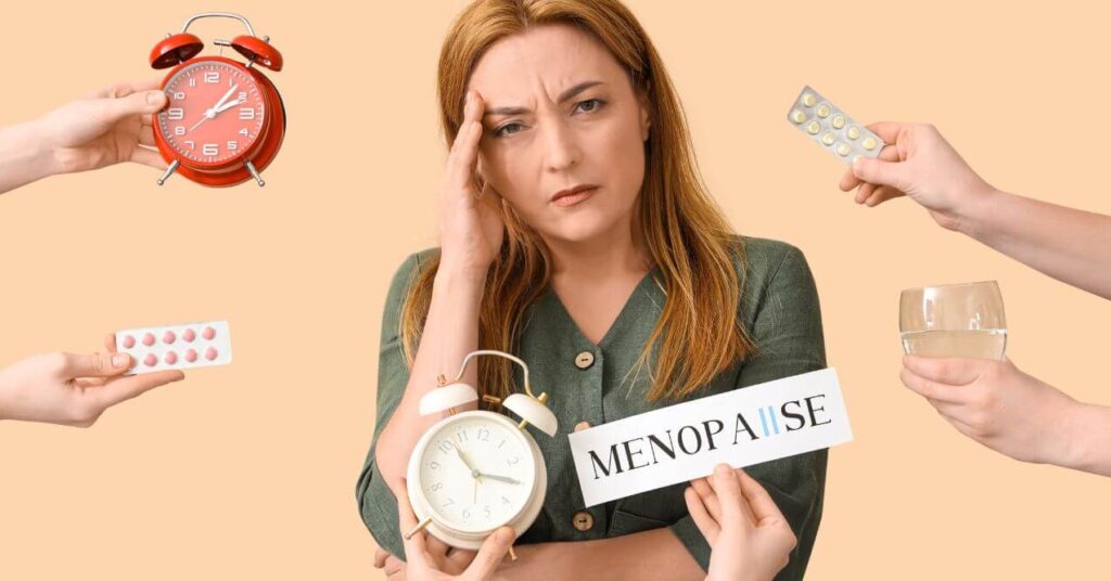 An older woman standing and holding her head with one hand and having a sign of menopause, two watches, birth control and a glass of water holding for her by other people.