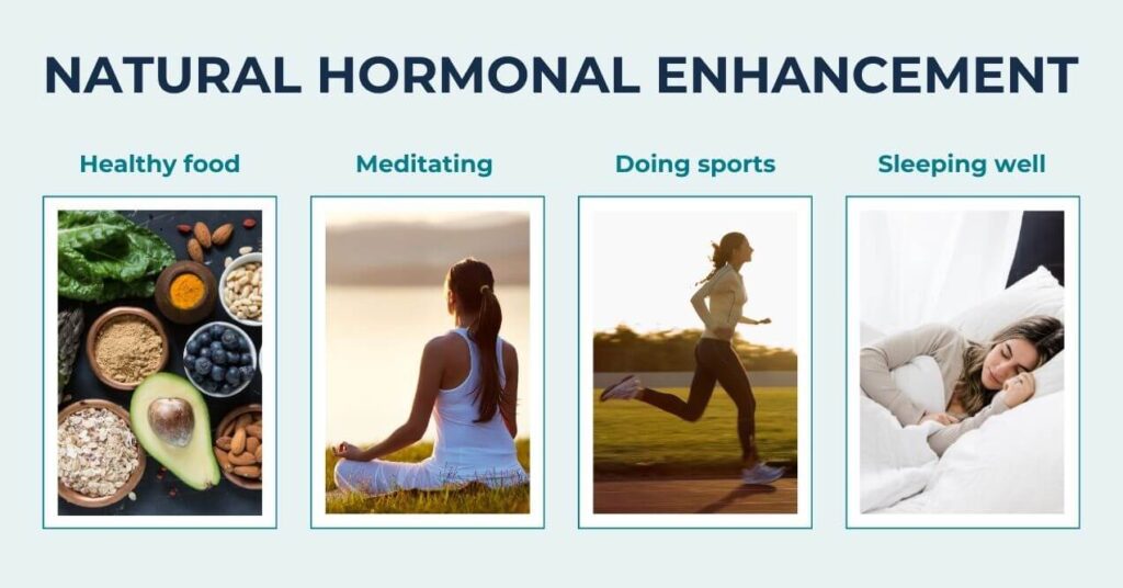 Natural hormonal enhancement pictures of healthy food, a woman meditating, a woman running and a woman sleeping.