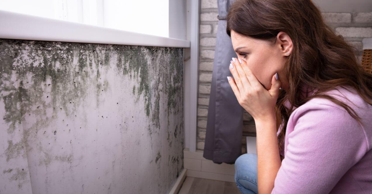 A woman looking worried while inspecting mold growing on the wall.