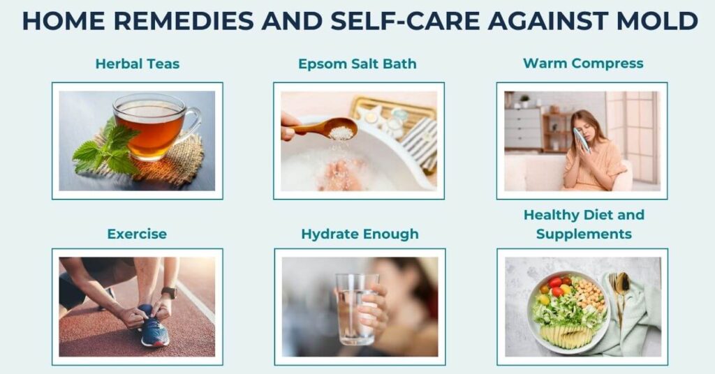 A chart listing home remedies and self-care against mold, such as herbal teas, Epsom salt baths, warm compress, exercise, staying hydrated, and maintaining a healthy diet with supplements.