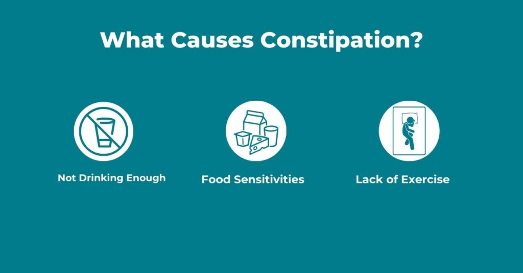 Infographic titled 'What Causes Constipation?' showing three causes: not drinking enough, food sensitivities, and lack of exercise, each represented by a corresponding icon.