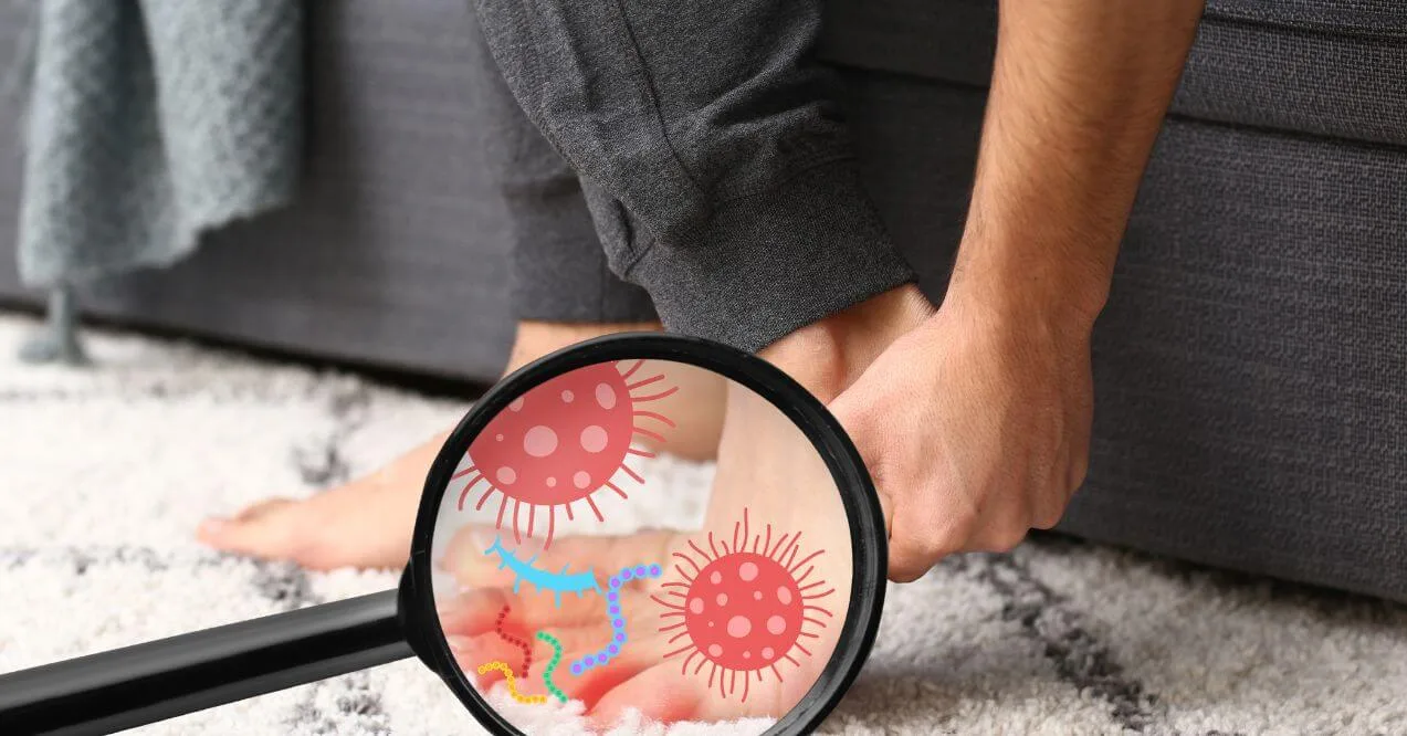 Foot under magnifying glass, showing bacteria and fungal infection on skin.