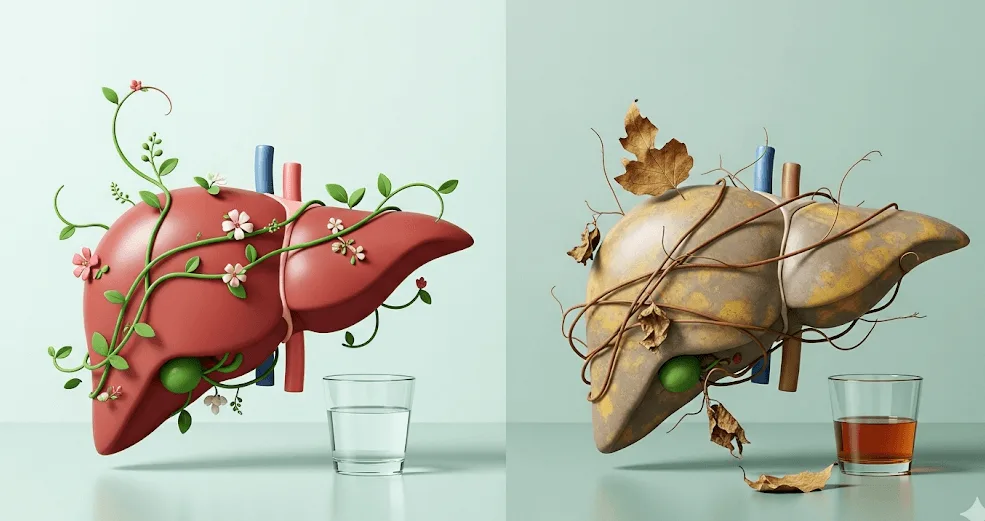 Healthy and unhealthy liver side-by-side, with green and dry plant elements respectively.