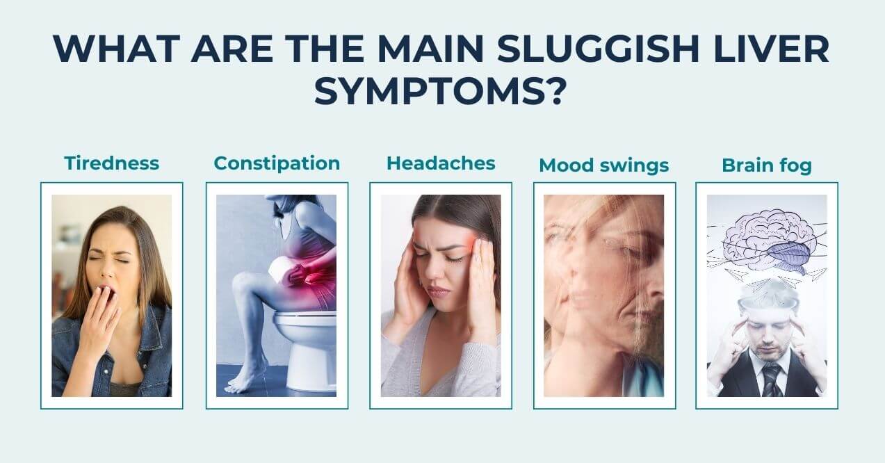 Common sluggish liver symptoms: tiredness, constipation, headaches, mood swings, brain fog.