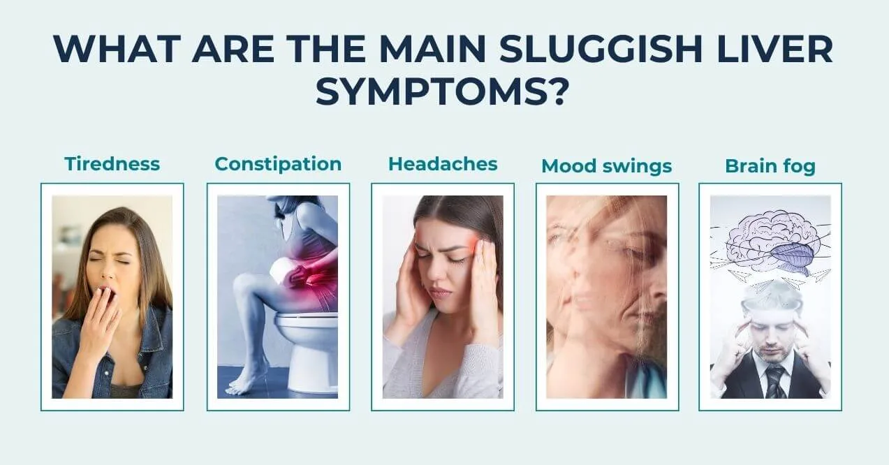 Common sluggish liver symptoms: tiredness, constipation, headaches, mood swings, brain fog.