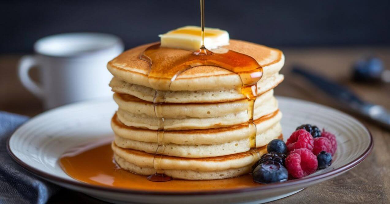 A stack of fluffy pancakes topped with butter, syrup, and fresh berries.