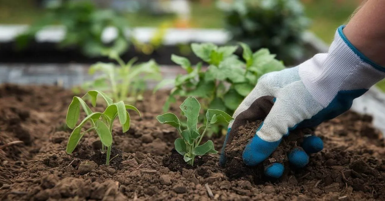 Gardening close-up of gloved hands planting green sprouts in soil.