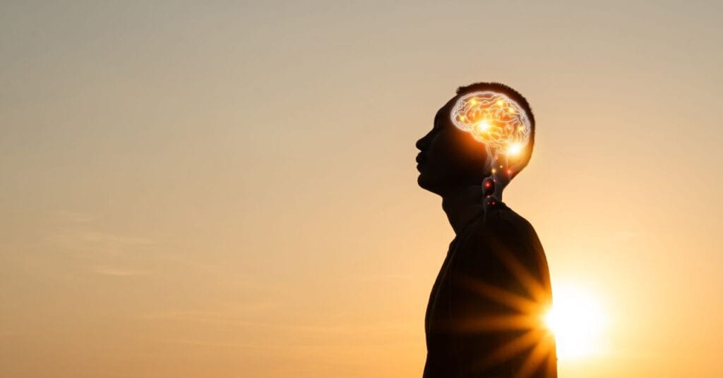 Silhouette of man with brain highlighted at sunset.