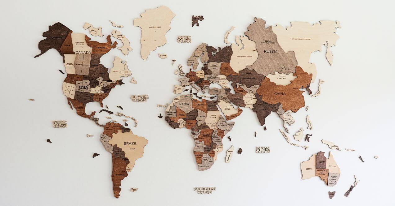 A wooden world map depicting countries and regions related to Omega 3 sources.