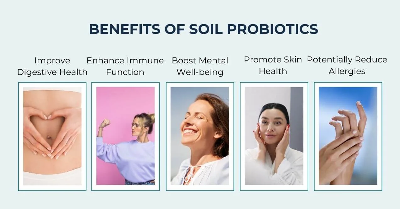 Infographic listing the benefits of soil-based probiotics with images.