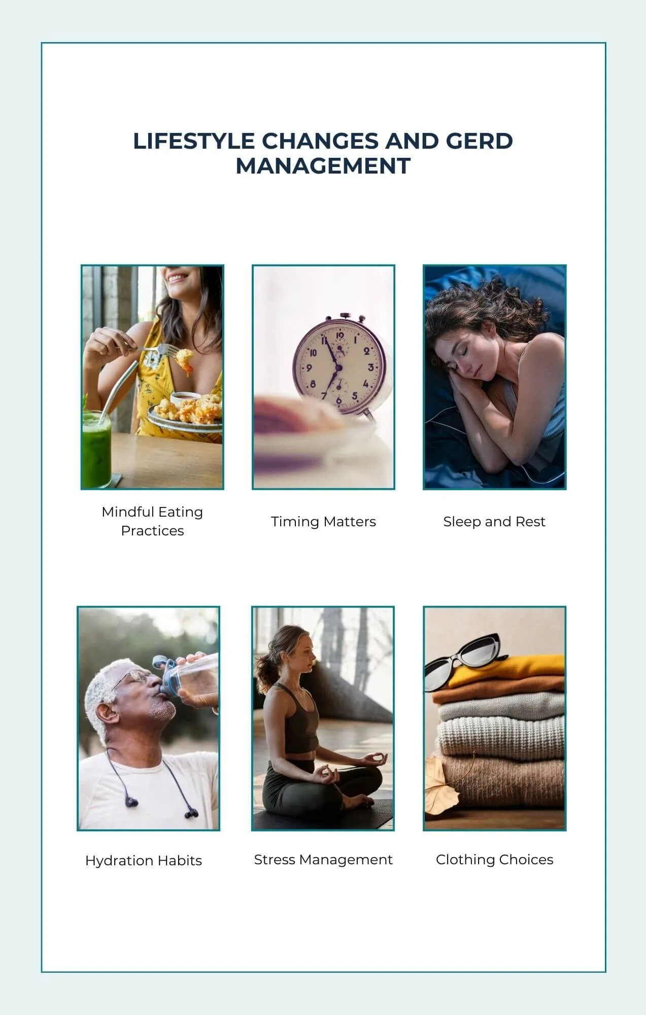 Infographic with lifestyle tips for GERD, including mindful eating and hydration.