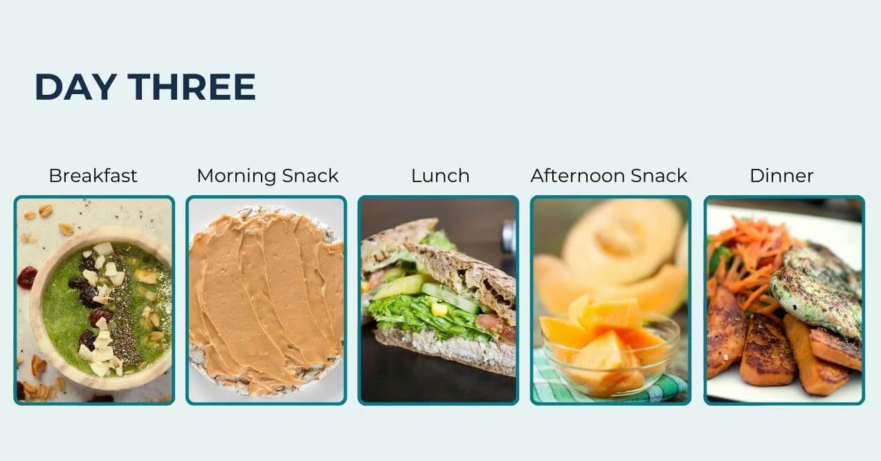 Infographic showing meals for day three, featuring breakfast, snacks, lunch, and dinner.