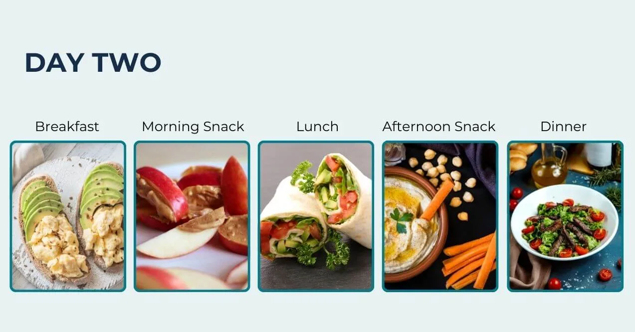 Infographic showing meals for day two, including breakfast, snacks, lunch, and dinner.
