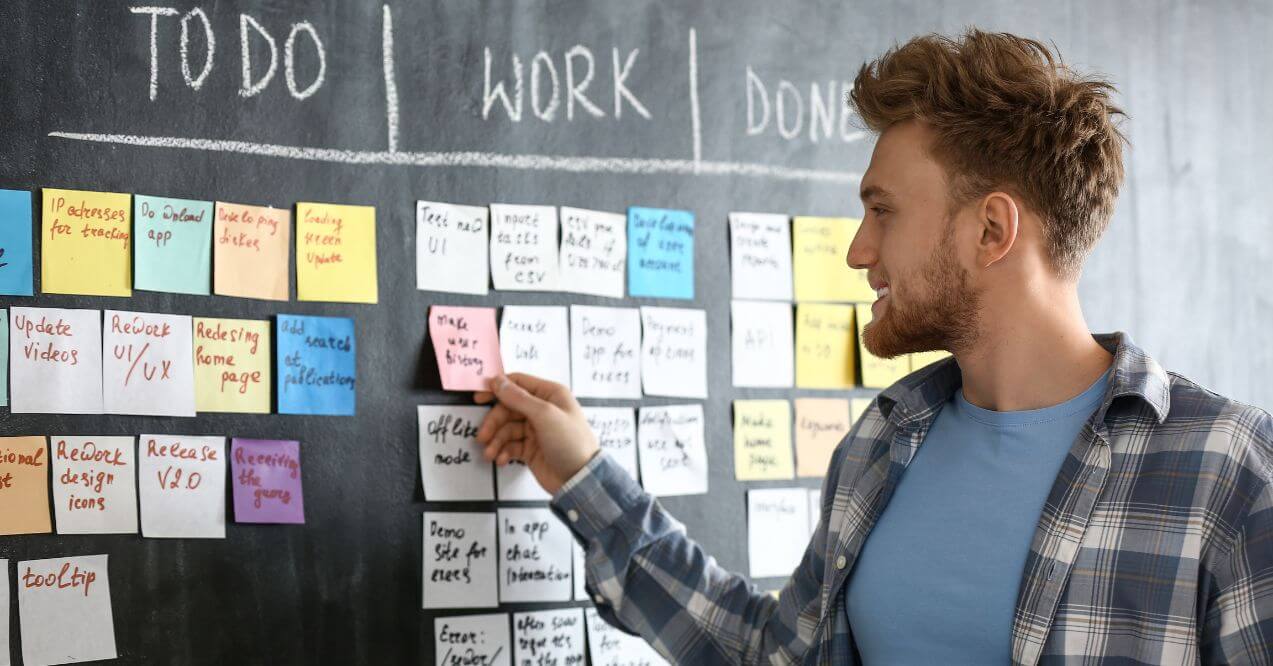 Man organizing tasks on a blackboard with sticky notes under "To Do," "Work," and "Done."