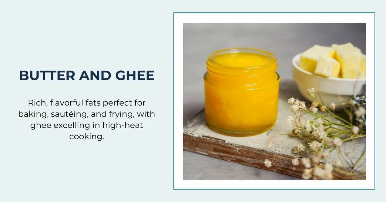 A jar of ghee with a bowl of butter on a rustic wooden surface with dried flowers.