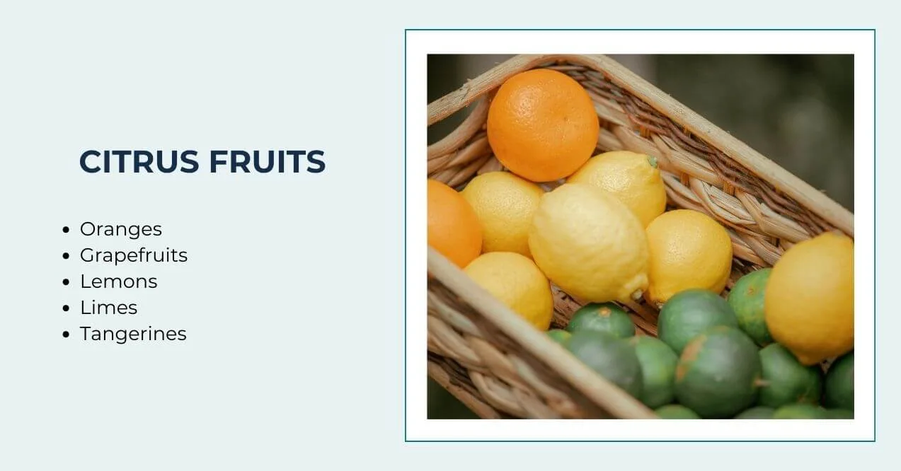 Basket of fresh citrus fruits like lemons and oranges.