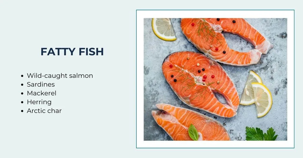 Fresh salmon fillets with lemon slices and herbs.