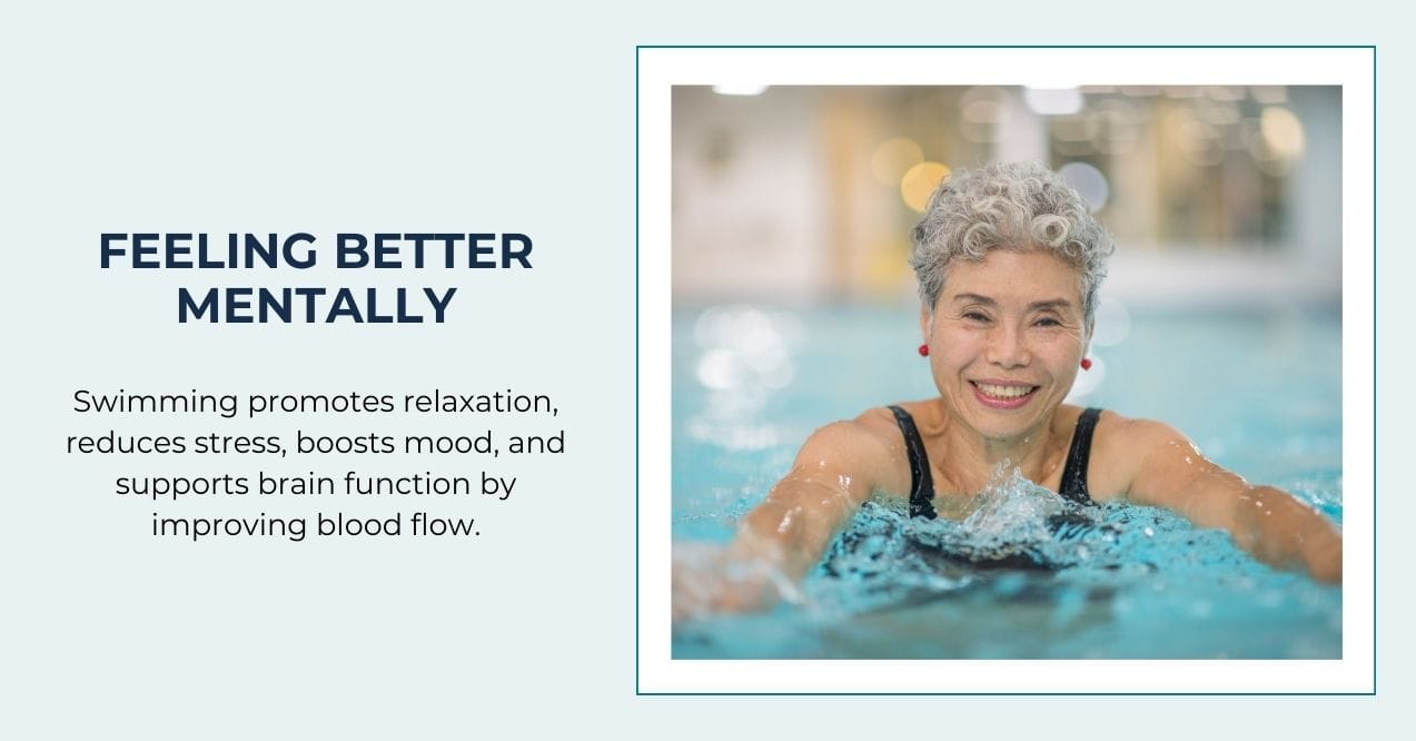 Smiling older woman swimming in a pool, representing relaxation, stress relief, and brain health.